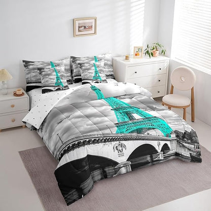 Feelyou Girls Eiffel Tower Comforter Set King Size 7 Pcs Paris Theme Comforter Bed in a Bag Teal Gray Eiffel Tower Bedding Set for Women Teens Romantic Bed Set with Sheets, Pillowcases, Pillow Covers