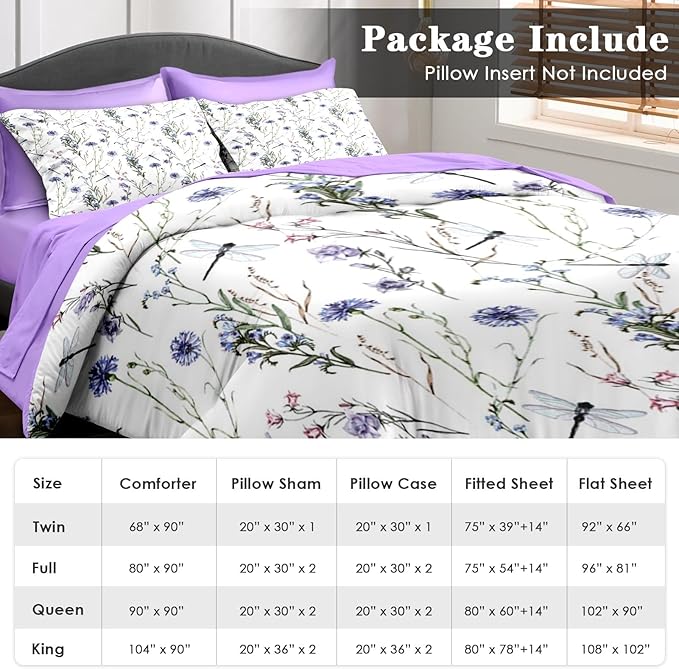 Comforter Set Twin Size, Botanical Flower Dragonfly 5 Pcs Bedding for Kids and Adults, Herb Plant Wildflowers Bed Sheet Sets with Fitted Sheet Pillowcase & Sham for Bedroom Bed Decor