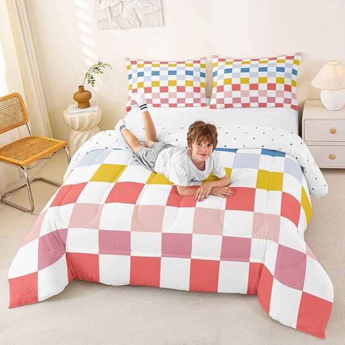 Feelyou Multicolored Checkered Retro Kids Comforter Set King Size Geometric Cute Bedding Set Colorful Duvet Quilt for Kids Boys Girls Bedroom Modern Groovy Aesthetic Decor