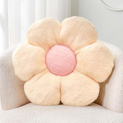 Beige Flower Pillow, Cute Decorative Flower Shaped Throw Pillow with Faux Rabbit Fur, 19.6" Soft Daisy Plush Floor Cushion Aesthetic Room Decor for Bed Sofa Couch