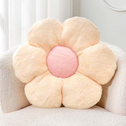 Beige Flower Pillow, Cute Decorative Flower Shaped Throw Pillow with Faux Rabbit Fur, 19.6" Soft Daisy Plush Floor Cushion Aesthetic Room Decor for Bed Sofa Couch