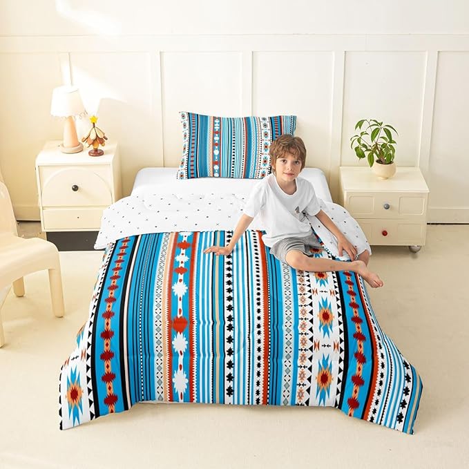 Erosebridal Southwestern Comforter Set Twin Bohemian Geometric Quilt, Ethnic Tribal Arrow Bedding Set Western Duvet Insert, Country Western Bedroom Decor Blue White