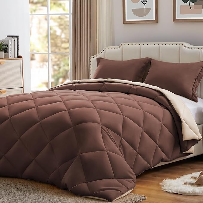 NexHome Queen Comforter Set Brown&Ivory,3 Pieces Lightweight Comforters Queen Size Reversible Bedding Comforters Sets,Down Alternative Comforter Bed Set Quilt Blanket(88x88In Comforter & 2 Pillowsham)
