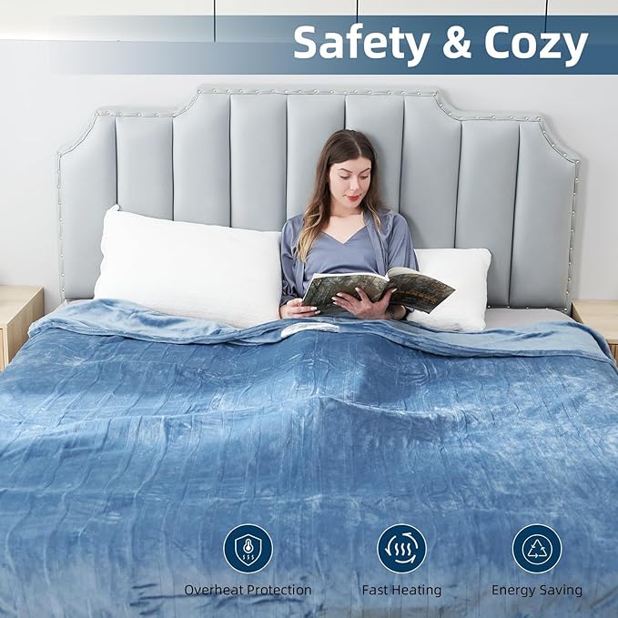 Electric Heated Blanket Twin Size 62"x84", Fast Heating Throw, Soft Plush Microplush for Bed & Couch, 1-10Hs Auto Off & 6 Heating Levels, Machine Washable, Gifts for Grandma & Family-Light Blue