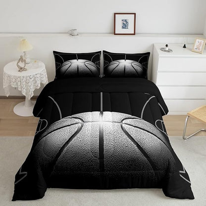 Erosebridal Sports Comforter Sets for Kids Boys Teens,King Size Black Basketball Bedding Set,3D Basketball Player Bed Sets,Ball Game Printed Down Comforter with 2 Pillowcases Warm