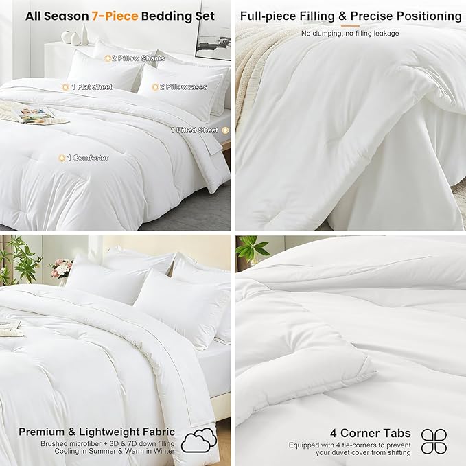 California King Comforter Set 7 Pieces - Ultra-Soft Bed in a Bag, Cozy Luxury All Season Bedding Sets with Comforter, Flat Sheet, Fitted Sheet, 2 Pillow Shams & 2 Pillowcases, White