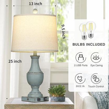 Farmhouse Table Lamps Set of 2, Rustic Touch Control Bedside Lamps with 2 USB Ports & AC Outlet, Vintage 3-Way Dimmable Nightstand Lamp Linen Fabric Shade for Living Room Bedroom End Table Decor