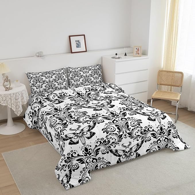 Feelyou Adults White Vintage Damask Floral Comforter Set Oriental Antique Comforter Full Size Gothic Bohemia Boho Flower Bedding Set Gothic Skull Duvet Set Quilt Set 3Pcs