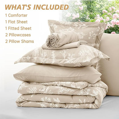 MUXHOMO Beige King Comforter Set, Elegant Floral Print Bed in a Bag 7 Pieces, Ultra Soft & Breathable Reversible Botanical Pattern Bedding Set with Comforter, Sheets, Pillowcases, and Shams
