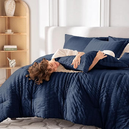 MUXHOMO 5 Pieces Twin Comforter Set, Seersucker Bed in a Bag Twin Size, All Season Luxury Bedding Set with Comforter, Flat Sheet, Fitted Sheet, Pillowcase & Sham, Navy Blue