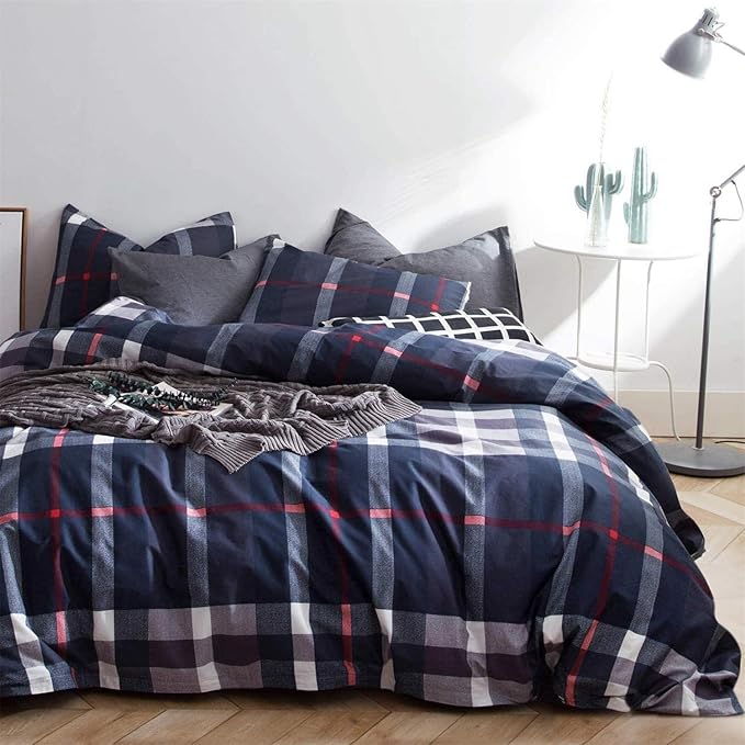 Cottonight Navy Plaid Comforter Set Queen Blue Buffalo Gingham Comforter Lightweight Blue Checkered Bedding Set with Microfiber Fill Soft Comfy