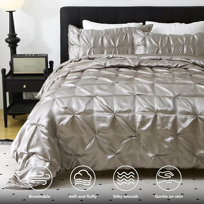 Satin Comforter Set Queen Size, 3-Piece Light Grey Pinch Pleat Bedding Sets, Comforter, Pillowcases, Offering Exceptionally Soft and Smooth Comfort for All Season Use