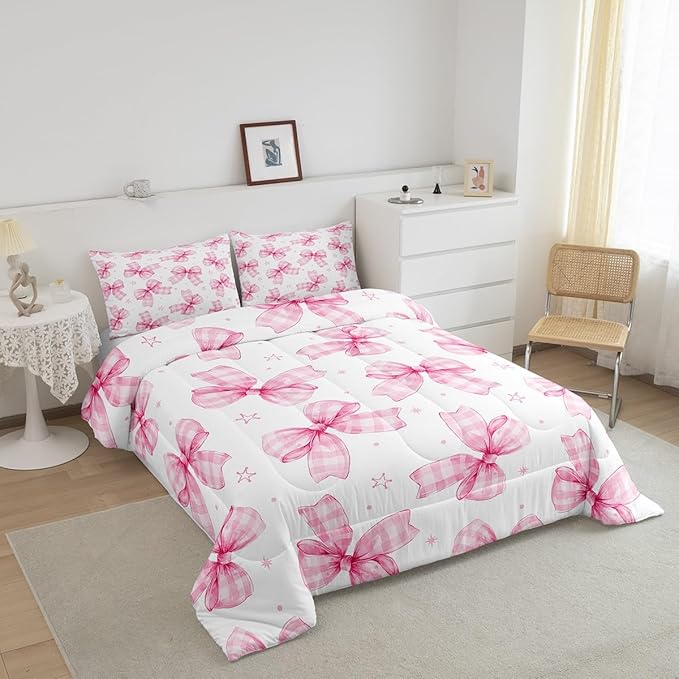 Feelyou Cute Bowknot Comforter Set Toddler Size Plaid Bow Bedding Set Pink Girls Bow Comforter Kawaii Duvet Set Lovely Quilt Set 2Pcs