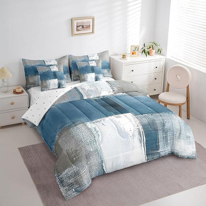 Erosebridal Light Blue White Gray Bedding Comforter Sets 7pcs Abstract Bedding Set, Grunge Full Size Comforter Set (1 Comforter, 1 Fitted Sheet, 1 Flag Sheet, 2 Pillowcases, 2 Throw Pillow Covers)