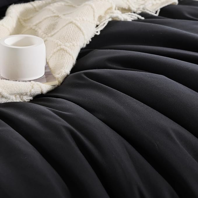 weigelia Full Size Comforter Sets Modern 3PCS Microfiber Black Comforter Full for All Season Comforter for Men, Women Boho Solid Soft Lightweight Bed Comforter Set