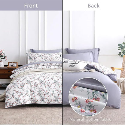 White Floral Cotton Comforter Queen Size - 3PC Lightweight Bedding Sets with Soft Fill, Elegant Pale Purple & Burgundy Botanical Patterns with Light Gray Reversible Design