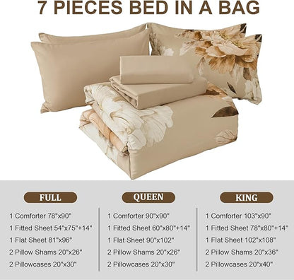 Dobuyly Full Size Comforter Set 7 Piece Bed in a Bag Full, Taupe Floral Printed on Khaki Fall Comforter Set with Sheets, Soft Microfiber Farmhouse Complete Bedding Set for All Season
