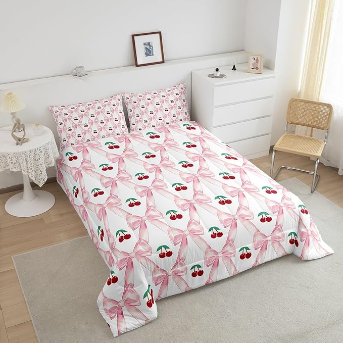 Erosebridal Cherry Bow Comforter Set for Girls,Cute Kawaii Bowknot Twin Bedding Set for Kids Teen Women,Pink Girly Bow Down Comforter Geometric Ribbon Bow Bed Set