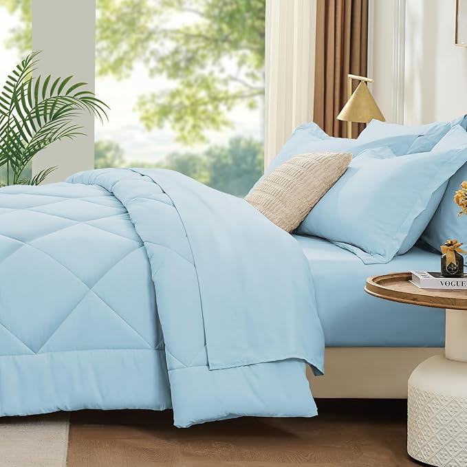 FUANNA 7 Pieces Queen Comforter Set, All Season Bed in a Bag Queen Size, Luxury Soft Bedding Sets with Comforter, Flat Sheet, Fitted Sheet, Pillowcases & Pillow Shams, Light Blue