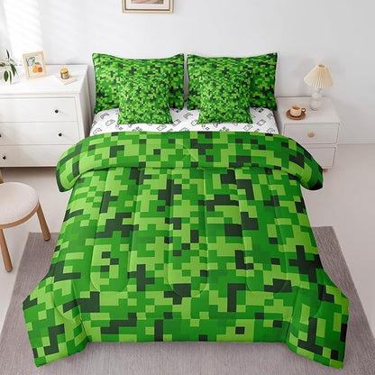 Green Pixelated Miners Gamer Bedding Set Twin Size,Video Games 7Pcs Comforter Set,Kids Boys Girls Teens Room Decor,Cartoon Gamepad Bed in a Bag Modern Geometric Check Flat Fitted Sheet,2 Pillowcases