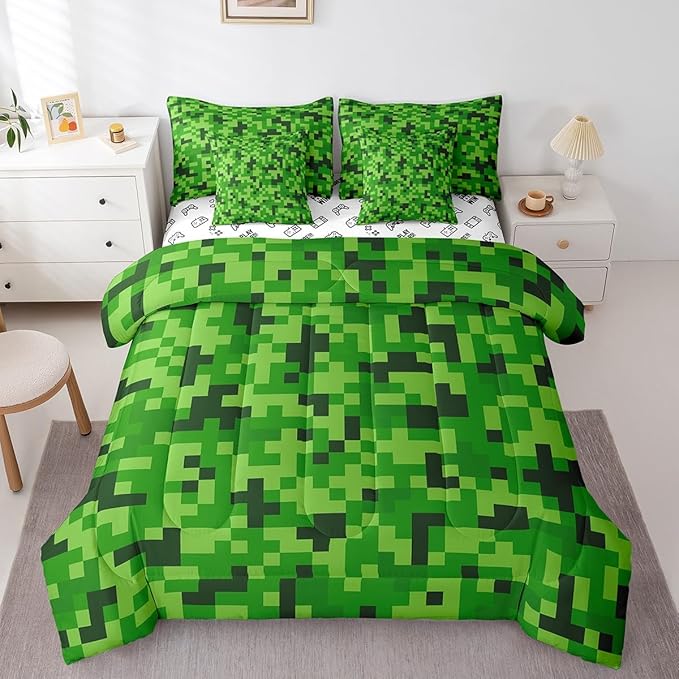 Castle Fairy Gamer 7Pcs Comforter Set Full Size,Video Games Bedding Set,Kids Boys Girls Teens Room Decor,Cartoon Gamepad Bed in a Bag Modern Geometric Check Flat Fitted Sheet,2 Pillowcases