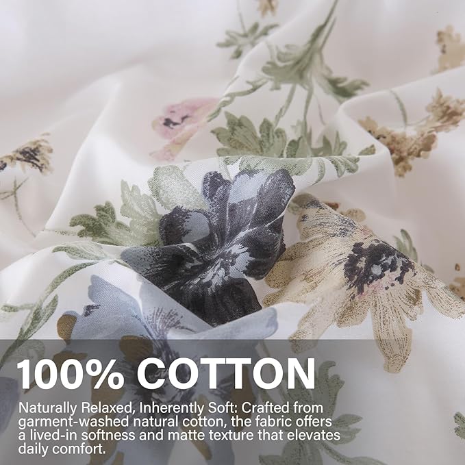 Floral Comforter King Size 100% Cotton Comforter with Blush Blue Floral 3 Pieces Vintage Botanical Bedding Sets Soft and Lightweight Comforter Set for All Seasons