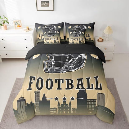 Erosebridal Football Full Bed in A Bag for Boys Girls,American Rugby Sports Games Bedding Set 7 Pcs Football City Comforter Set with Sheets Black Beige Ombre Bed Set for Kids Teen Adults