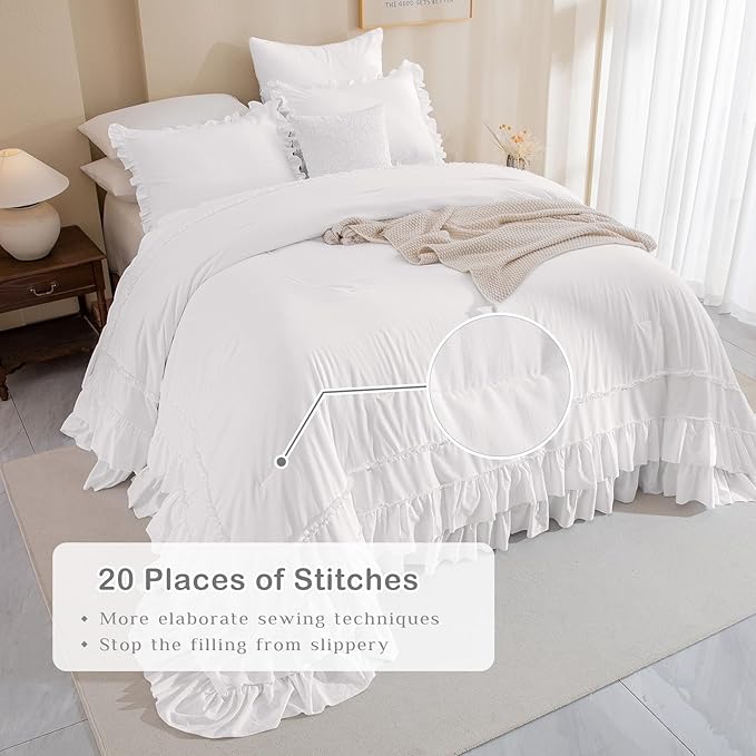 Masaca 120x120 Oversized King Comforter,Farmhouse Shabby Boho Chic Netural White Ruffle California King Comforter Set French Country Rustic Bedding 3PCS (1 Ruffled Comforter+2 Pillow Shams)