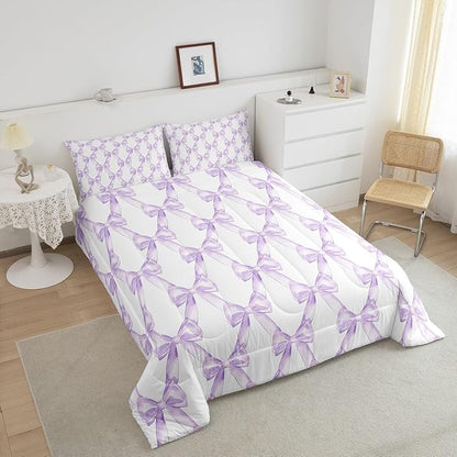 Erosebridal Bow Bedding Comforter Sets Dreamy Princess Style Bowknot Bedding Set Purple Watercolor Bow Tie Comforter Set King Size for Kids Boys Girls Room Decor,Geometric Ribbon Bowknot Quilt Duvet