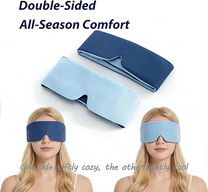 Deep Sleep Eye Mask 3.0 - Adjustable & Light-Blocking with Upgraded Silicone Seal, Dual-Sided Design(Ice-Silk & Wood Fiber), Zero-Pressure & Ultra-Soft for Side Sleepers and Travel (Blue)
