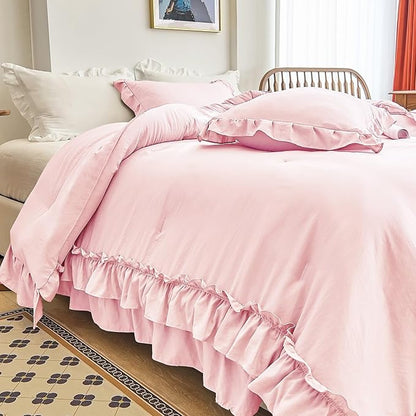 AIKASY Peach Pink Ruffle Comforter Set Queen, 3 Pieces Vintage Ruffle Fringe Comforter, Farmhouse Rustic Microfiber Down Alternative Bedding