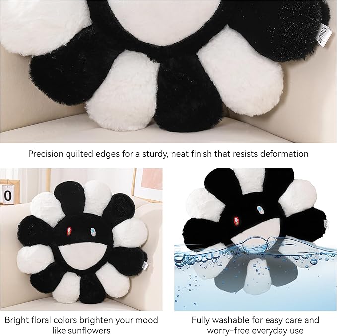 Flower Pillow,Flower Shaped Throw Pillow,Smiley Face Floor Cushions,Cute Sunflower Plush Pillows,Valentines Day Gifts,Black and White Decorative Pillows for Bed,Couch,Sofa,Car (Black and White,15.7In)