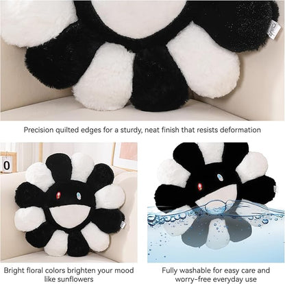 Flower Pillow,Flower Shaped Throw Pillow,Smiley Face Floor Cushions,Cute Sunflower Plush Pillows,Valentines Day Gifts,Black and White Decorative Pillows for Bed,Couch,Sofa,Car (Black and White,15.7In)