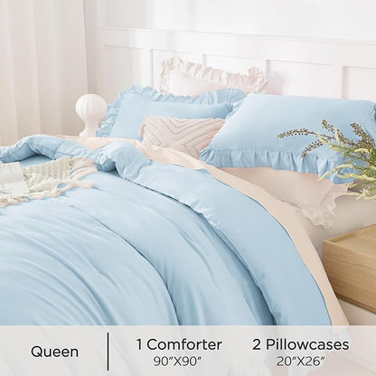 Andency Light Blue Comforters Queen Size, 3 Pieces Solid Shabby Chic Farmhouse Bedding Comforters & Sets, Lightweight Fluffy All Season Soft Down Alternative Bed Set for Women Men