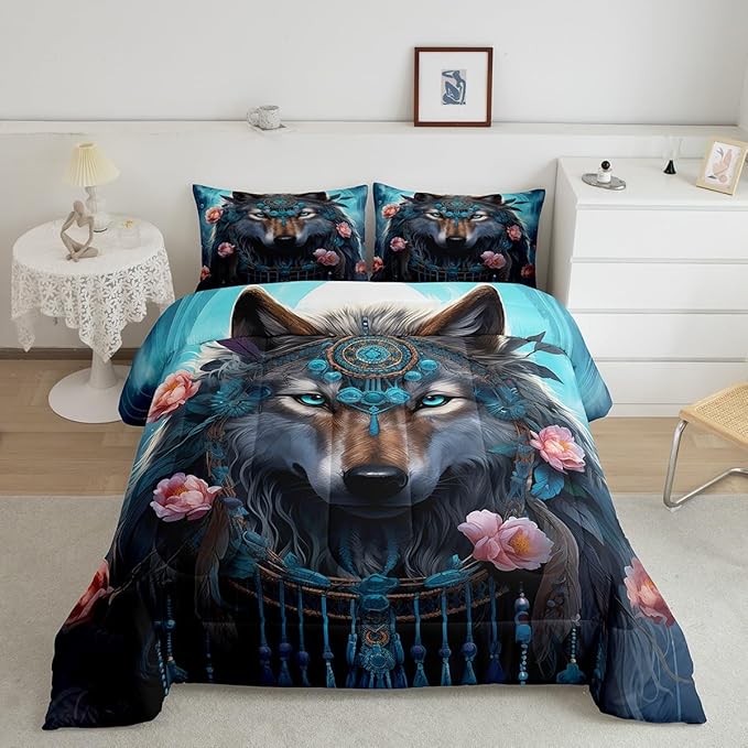Erosebridal Indian Wolf Queen Comforter Set,Hunting Wolf Bedding Set for Women Men Room Decor,Boho Floral Exotic Ethnic Bed Set Wildlife Safari Bedding Comforter Sets,2 Pillowcases
