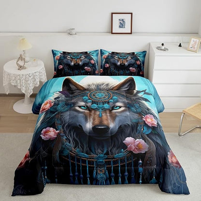 Erosebridal Indian Wolf Full Bedding Set,Hunting Wolf Comforter Set for Kids Adults Bedroom Decor,Boho Floral Exotic Ethnic Quilt Set Wildlife Safari Bedding Comforter Sets,2 Pillowcases