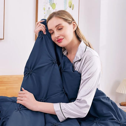 JOLLYVOGUE Navy Blue Twin Size Comforter Sets 5 Pieces, Pintuck Bed in a Bag Comforter Set for Bedroom, Bedding Comforter Sets with Comforter, Sheets,Ruffled Shams & Pillowcases