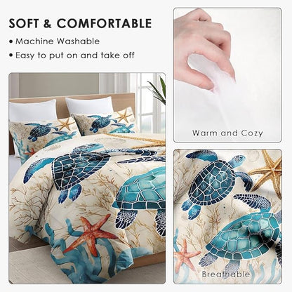 Twin Size Comforter Set with Pillowcase, Ocean Coral Sea Turtle 2 Pcs Bedding for Kids and Adults, Blue Shell Animal Soft Comforter Set for Bedroom Bed Decor