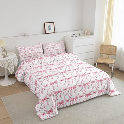 Erosebridal Pink Kawaii Bow Queen Comforter Set Cute Butterfly Down Comforter for Girls Kids Women,Pink White Bowknot Bedding Set Bow Geometric Plaid Quilt Set