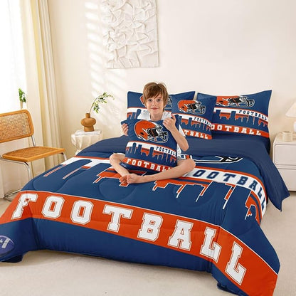 Erosebridal Football City 7 Pcs Comforter Set Twin Football Bedding for Boys Girls Blue Orange Rugby Game Sheet Set Bed in A Bag Football Fans Bedroom Decor Sports Ball Team Bed Set