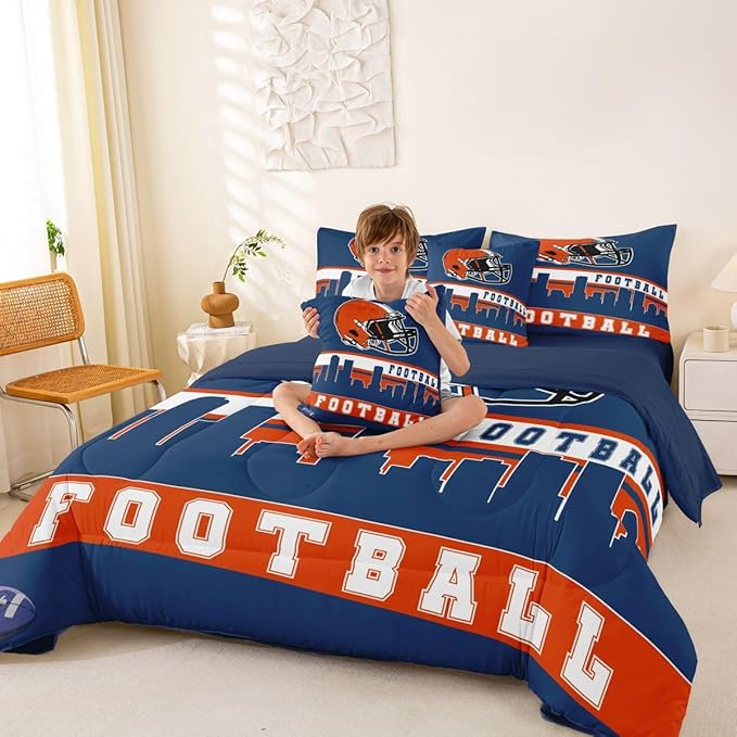 Erosebridal Football City 7 Pcs Comforter Set Queen Football Bedding for Boys Girls Blue Orange Rugby Game Sheet Set Bed in A Bag Football Fans Bedroom Decor Sports Ball Team Quilt