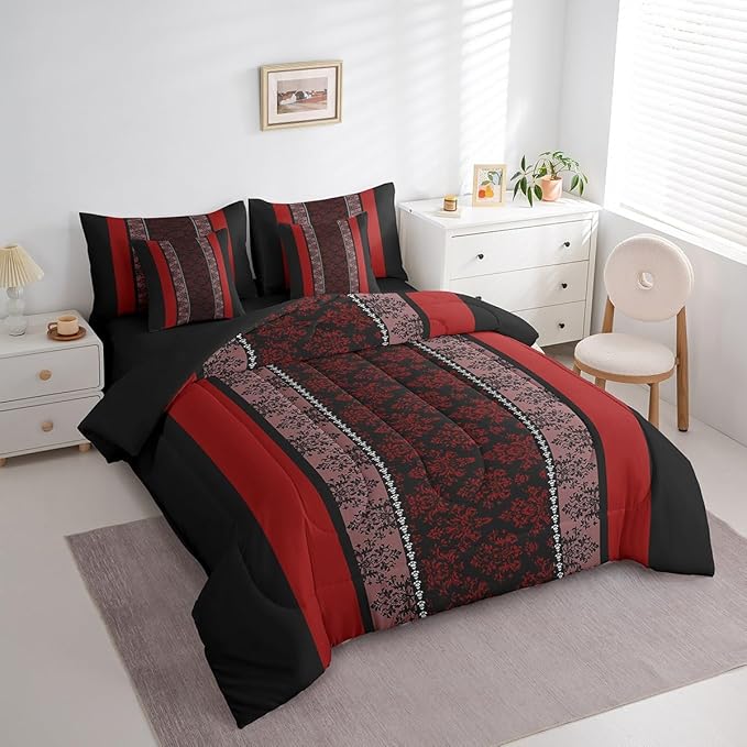 jejeloiu Adult Classic Jacquard 7 Piece Bedding Set King Size Damask Pattern Comforter Set with Sheets for Boys Girls Black Red Stripe Bed in a Bag Baroque Bed Set