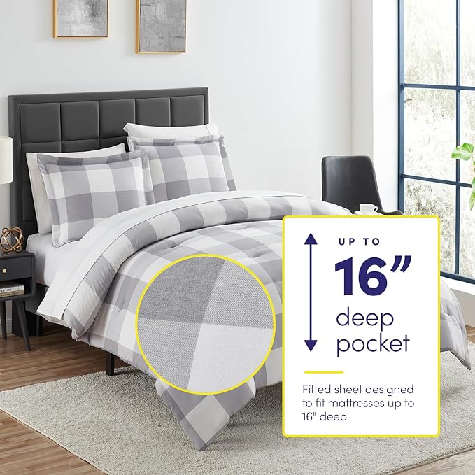 7 Piece Comforter Set Bag Solid Color All Season Soft Down Alternative Blanket & Luxurious Microfiber Bed Sheets, King, Checkered Box