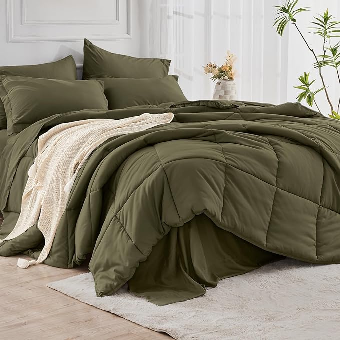 JOLLYVOGUE Twin Comforter Set, Ultra-Soft Bed in a Bag Twin Size 5 Pieces, Oeko-TEX Certified Bedding Set with Down Alternative Comforter, Sheets, Pillowcases & Shams, Olive Green