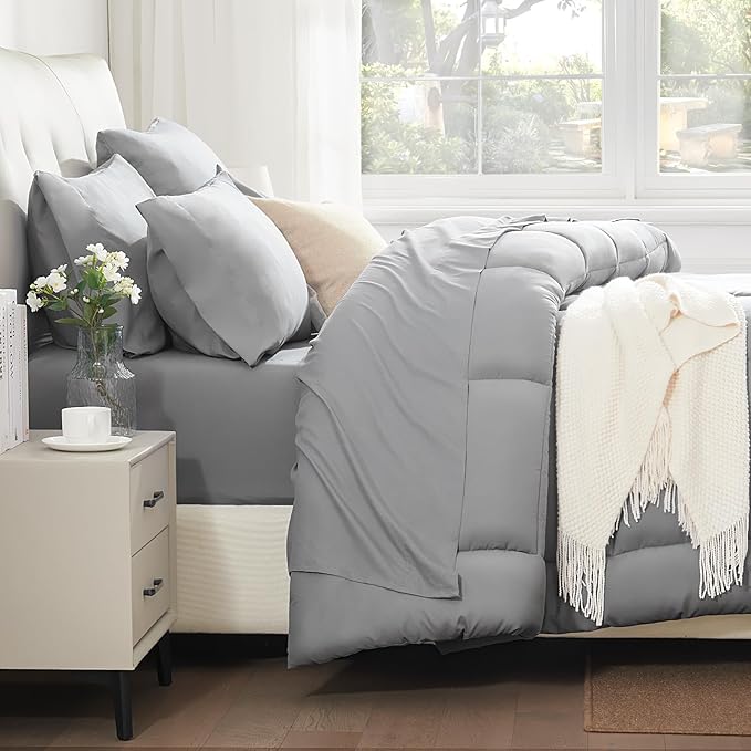 SunStyle Home Light Grey Full/Queen Comforter Set - 7 Pieces Bed in a Bag, Lightweight Goose Down Alternative Bedding Sets with All Season Comforter, 1 Flat Sheet, 1 Fitted Sheet, 4 Pillowcases