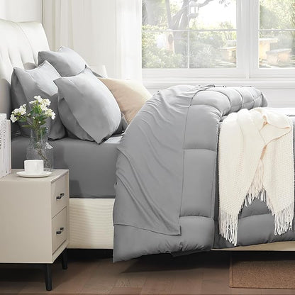 SunStyle Home Light Grey Full/Queen Comforter Set - 7 Pieces Bed in a Bag, Lightweight Goose Down Alternative Bedding Sets with All Season Comforter, 1 Flat Sheet, 1 Fitted Sheet, 4 Pillowcases