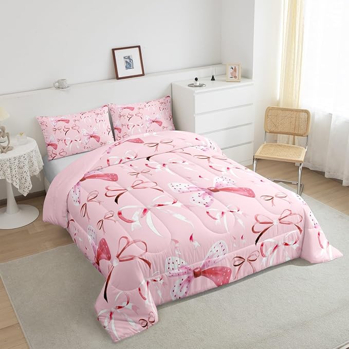 Feelyou Pink Girls Bow Bedding Set Boys Girls King Size Bow Comforter Set for Kids Women Men Ultra Soft Cute Bowknot Comforter Lovely Duvet Set