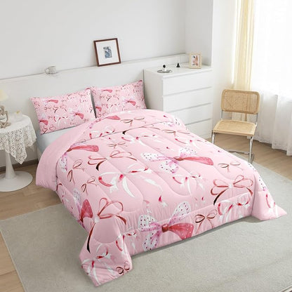 Feelyou Pink Girls Bow Bedding Set Boys Girls Toddler Size Bow Comforter Set for Kids Women Men Ultra Soft Cute Bowknot Comforter Lovely Duvet Set