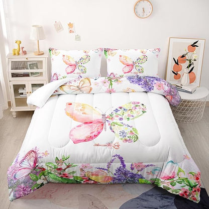 Kids Butterfly Comforter Set Queen for Girls，Tie Dye Butterflies Bedding Set for Bedroom, Butterflies Toddler Bedding Set All Season 1 Comforter and 2 Pillowcases