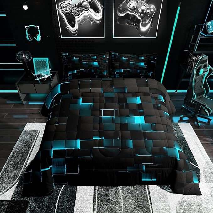 Erosebridal Black Teal Comforter Set Queen Neon Turquoise Geometric Checkered Bedding Set for Boys Gaming Room Decor,Teen Men Abstract Stereoscopic Grids Quilt Square Plaid Bed Set 3 Pcs